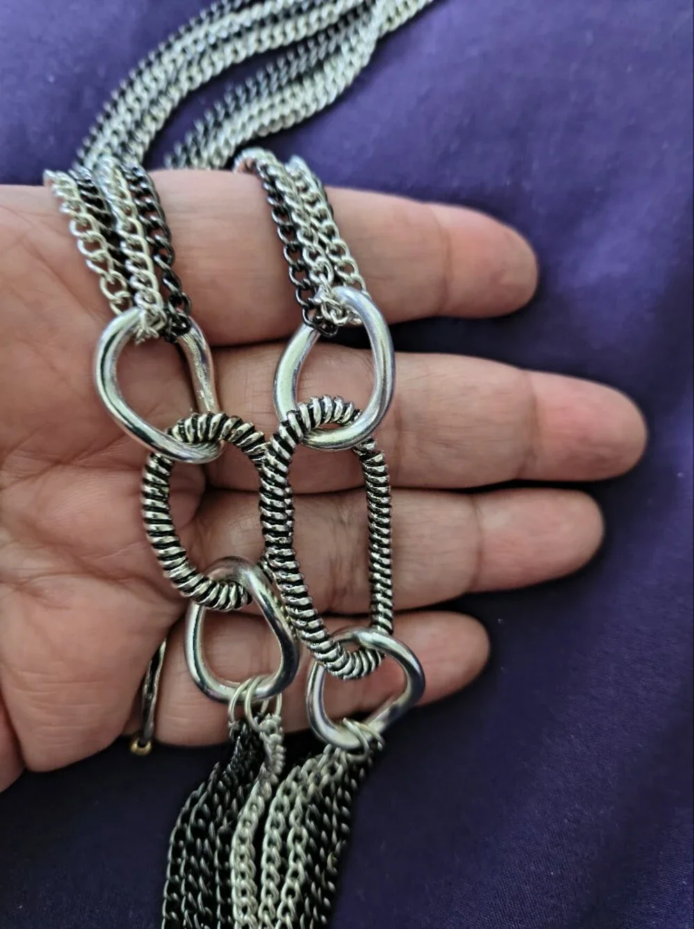 Very Long Black And Silver Metal Multi Chain With Oval Metal Accents Necklace